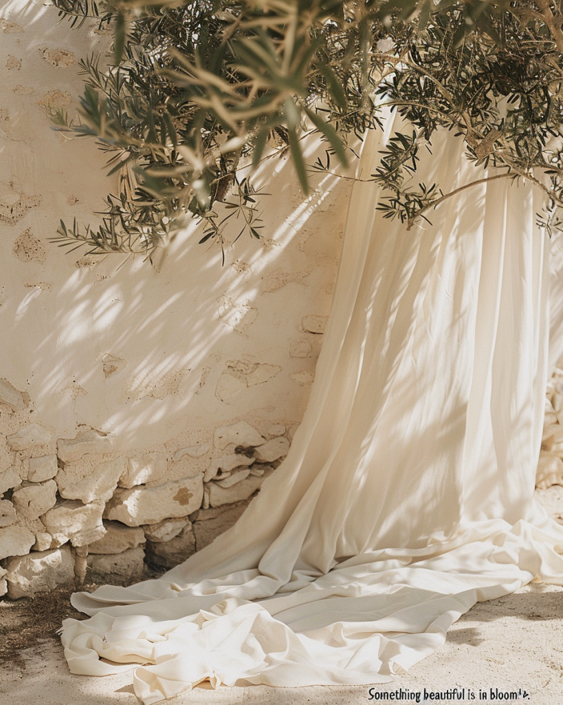 Quiet luxury wedding backdrop in Mallorca featuring soft fabric draping and natural greenery curated by Dybiec Wedding
