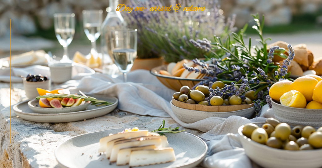 Mediterranean wedding welcome table in Mallorca with olives, lemons, cheese and relaxed luxury styling curated by Dybiec Wedding