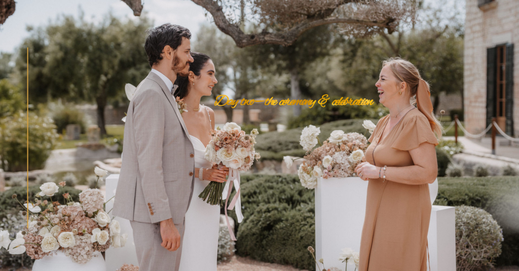 Luxury wedding ceremony in Mallorca with couple and wedding planner during an elegant multi-day destination wedding