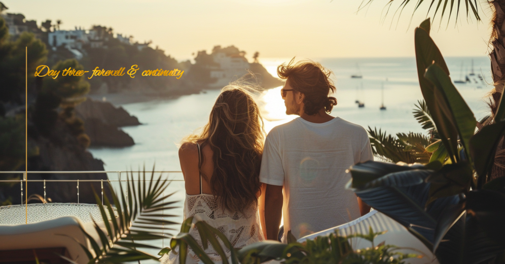 Couple enjoying the final day of a three-day destination wedding in Mallorca overlooking the Mediterranean Sea at sunset