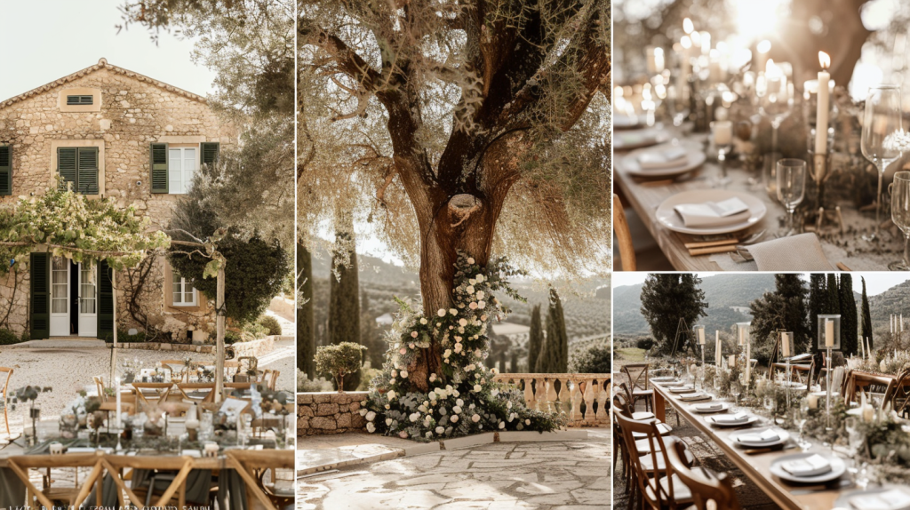 Luxury wedding venue and table styling collage in Mallorca featuring elegant outdoor dining, floral installations and Mediterranean architecture curated by Dybiec Wedding