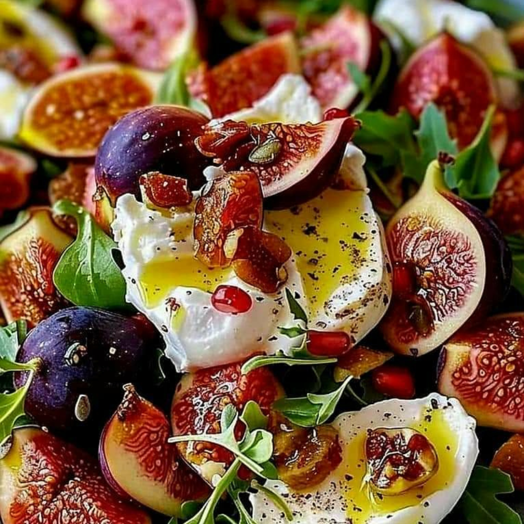 Fresh fig and burrata salad with arugula, pomegranate seeds, olive oil, and cracked black pepper, served as an elegant wedding catering dish.