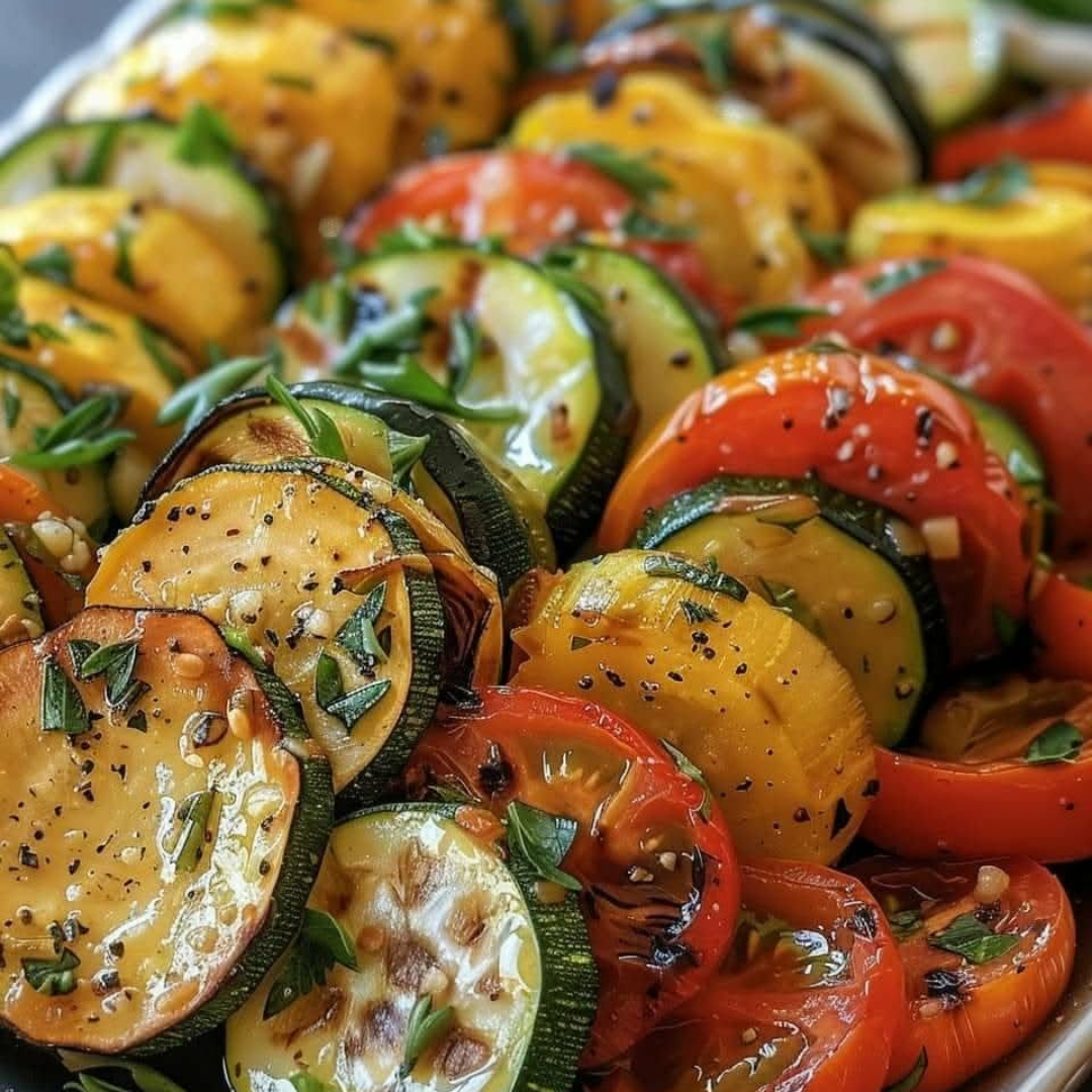 Grilled zucchini and tomato salad with herbs served as a light wedding catering dish.