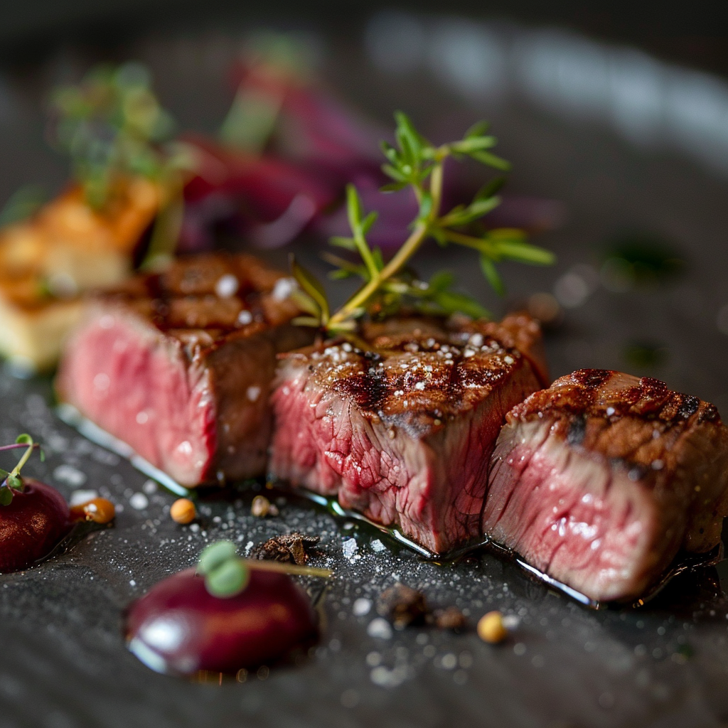 Sliced medium-rare beef steak with herbs and sauce