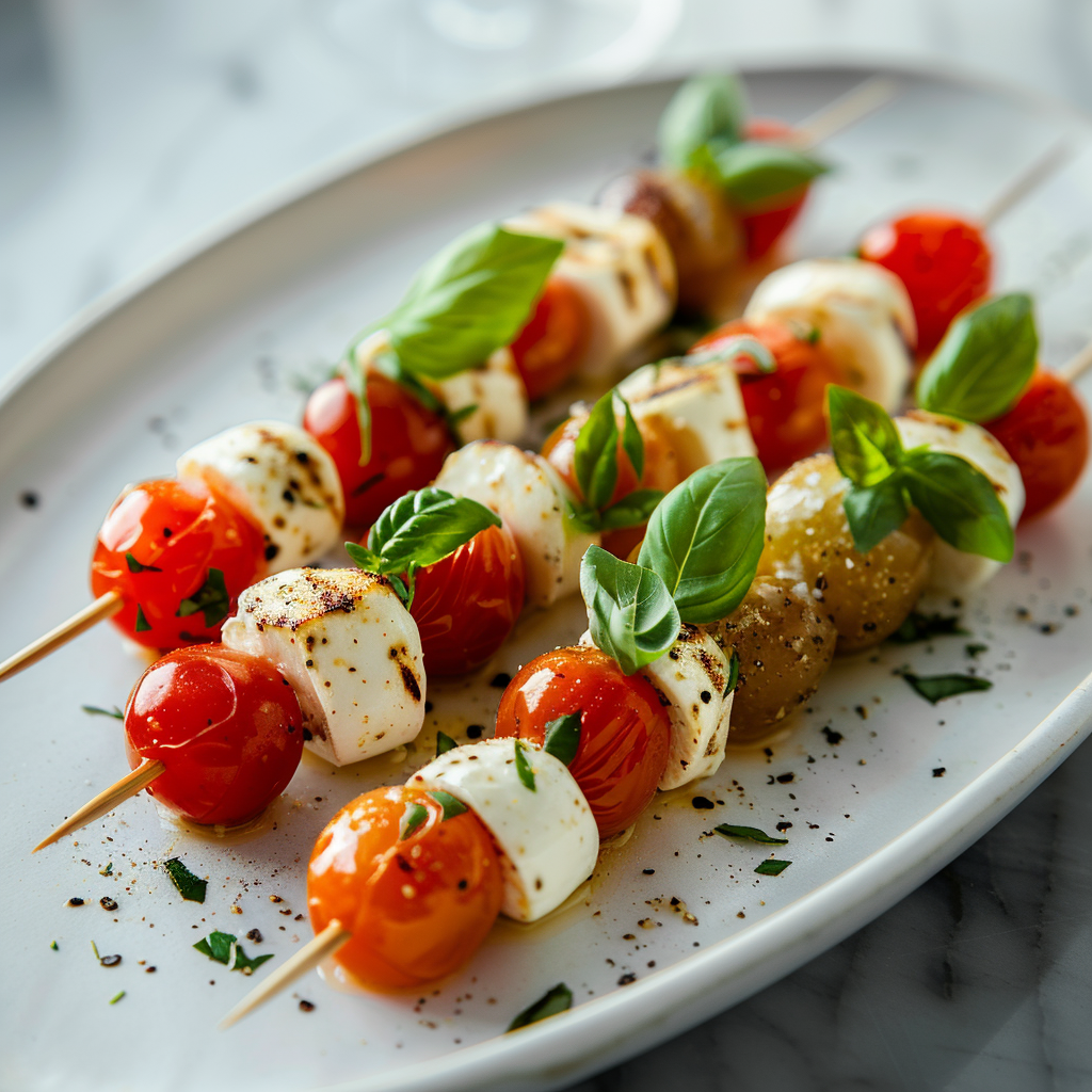 Caprese skewers with cherry tomatoes, mozzarella and fresh basil
