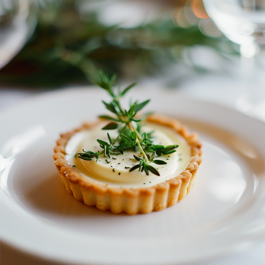Elegant savory tart with creamy filling and fresh herbs, beautifully plated for a luxury wedding catering experience in Mallorca.