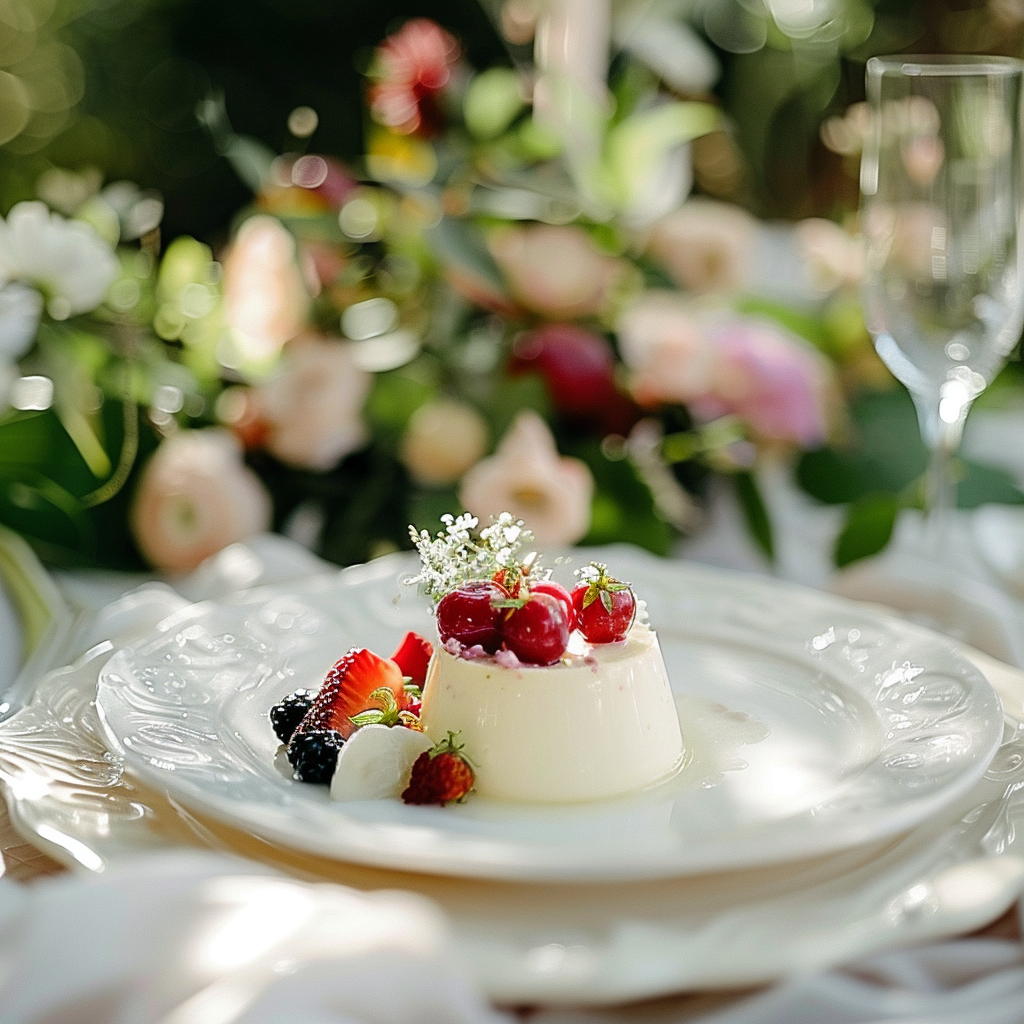 Elegant wedding dessert served with fresh berries