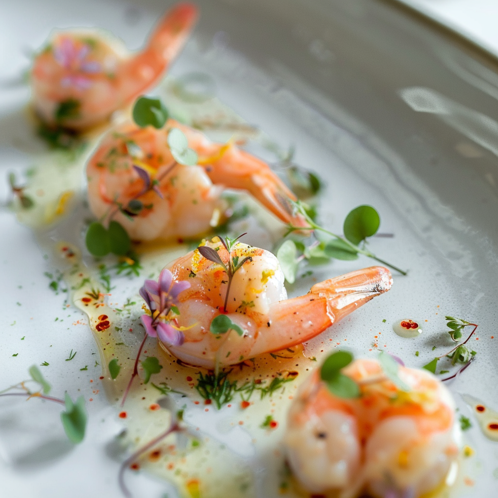 Elegant shrimp appetiser with fresh herbs and citrus served as part of luxury wedding catering in Mallorca