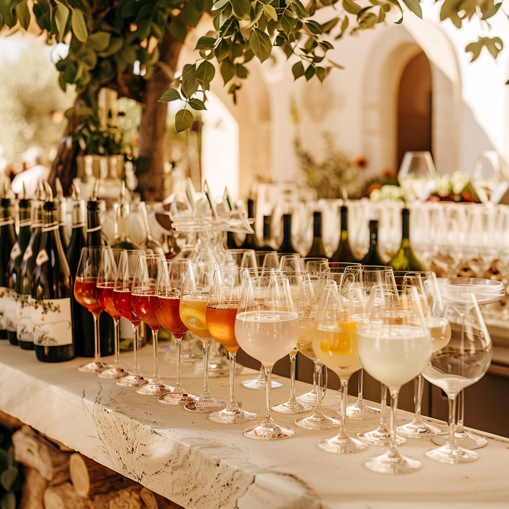 Elegant aperitivo and wedding drinks display set in a Mediterranean courtyard in Mallorca as part of a luxury wedding catering experience