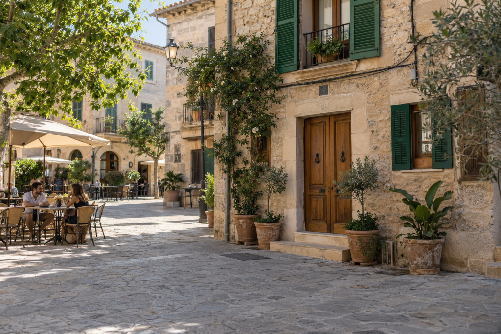 Mediterranean old-town street with outdoor café tables and pedestrians