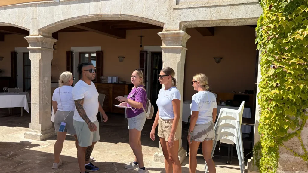 Couple visiting a Mallorca wedding venue before paying a deposit