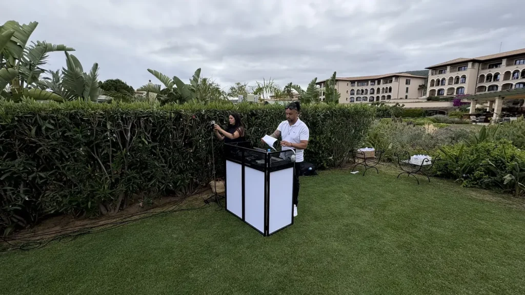 Outdoor DJ setup at a Mallorca wedding venue with sound restrictions