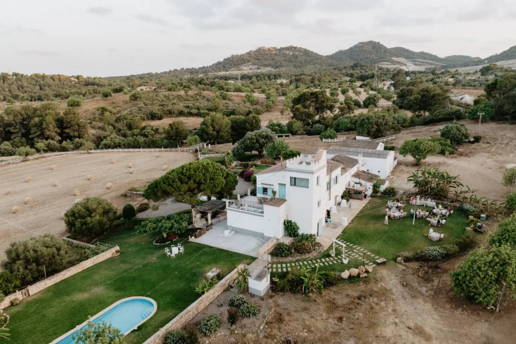 Aerial view of a wedding finca in rural Mallorca