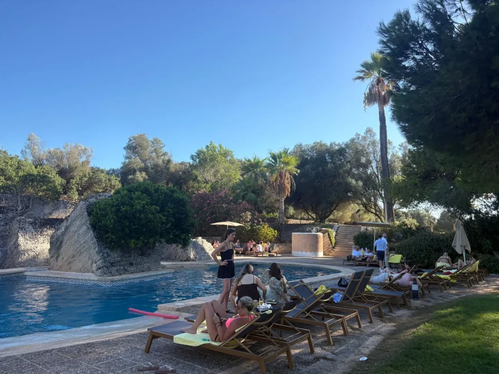 Wedding guests at a pool party during a Mallorca wedding weekend